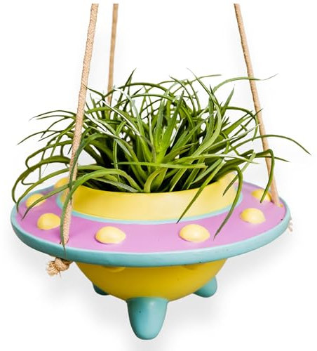 Original Earthlings Maceta colgante, maceta de plástico OVNI de 3.6 pulgadas con drenaje, regalo único para amantes de las plantas de cactus, maceta colgante pequeña para suculentas, divertido regalo