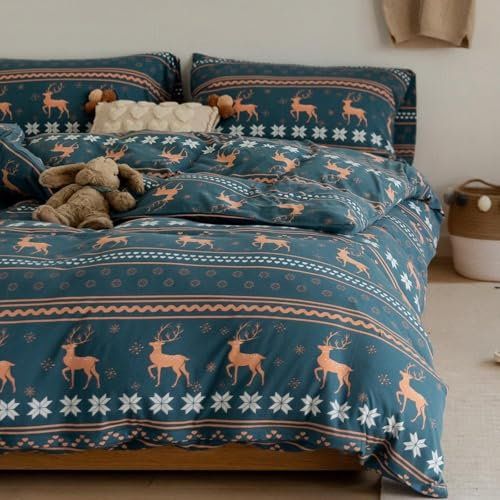 Freyamy Weihnachts Bettwäsche Set 155x220cm Blau Bunt Weihnachtselch Bettwaren-Sets Junge Mädchen Weihnachtsmotive Deckenbezug Mikrofaser Kinder Bettbezug mit Reißverschluss und Kissenbezug 80x80cm