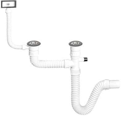 TEHNOEXPORT Flexibler Spülen Siphon + 32/40/50mm Wandadapter I Abflussrohr I Geruchverschluss für Waschbecken I Küchenspüle I (Flexibler Spülsiphon mit Gerät Anschluss und Überlauf S00007