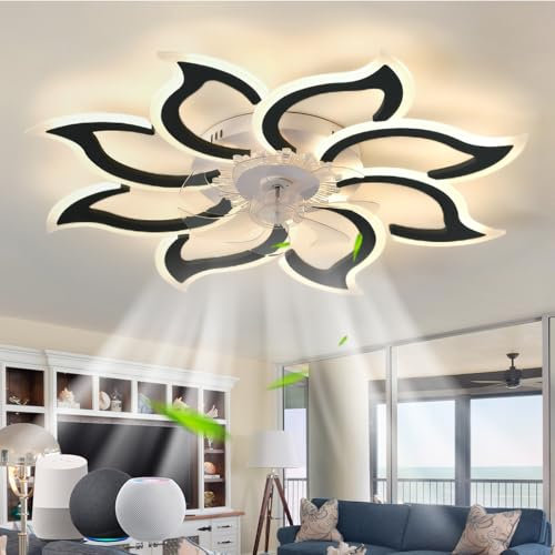 Salon Ventilateur Plafond Avec Lumiere Réversible, Dimmable Lustre Avec Ventilateur Alexa APP, Plafonnier Ventilateur Moderne Avec Télécommande 6 Vitesses, Fleurs Pour Chambre-black
