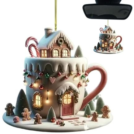 Coffee Cup Ornaments For Christmas Tree, Christmas Coffee Cup Ornaments, Tea Cup Snow House Acrylic Bag Pendant, Hot Chocolate Tea Cup Ornaments, Unique Christmas Dangle Ornaments For Car