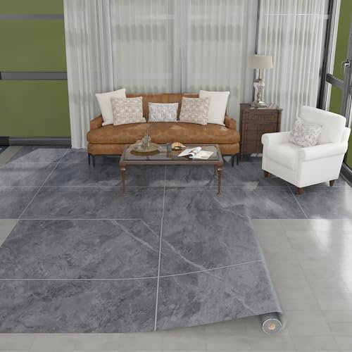 Vinylboden in Steinoptik – PVC Bodenbelag Rolle, Bodenfliesen mit Klebeband, Wiederverwendbar, Wasserfest, Ohne Kleber Fliesenoptik Bodenmatte für Wohnbereich, Kellergeschoss 100x300cm Grau