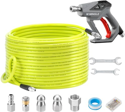 M MINGLE Sewer Jetter Kit for Pressure Washer 60M (200 FT) | Drain Cleaner Hose with Power Washer Gun, 1/4 Inch NPT Corner Rotating and Button Nose Sewer Jetting Nozzle, Orifice 4.0, 4.5
