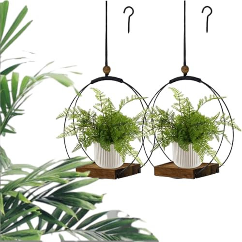 ARCHWANG Blumenampel Hängend Innen - Metall Blumenampel Schwarz, Hängeampel Mit Holzsockel, Decke Hängende Pflanzer, Hängetopf Für Pflanzen Für Zimmerpflanzen Sukkulenten Luftpflanzen Kaktus