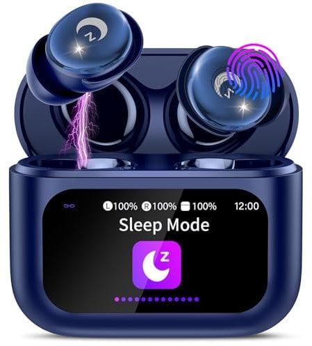 VEKJ Wireless Earbuds with Smart Touch Screen, Mini Sleep Earbuds Bluetooth 5.4 Headphones In Ear with Noise Cancelling Mic, 48H Bass Stereo Ear Buds, 5 EQ Modes/IP7 Waterproof Earphones Blue