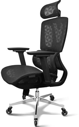 MELOKEA Ergonomic Office Chair with Mesh Cushion and Rubber Casters, 4 Tilt Angles, 4D Armrests, Lumbar Support, Adjustable Depth, Leg Support, Big and Tall 150kg 1.55-2m, Computer Swivel Chair Black