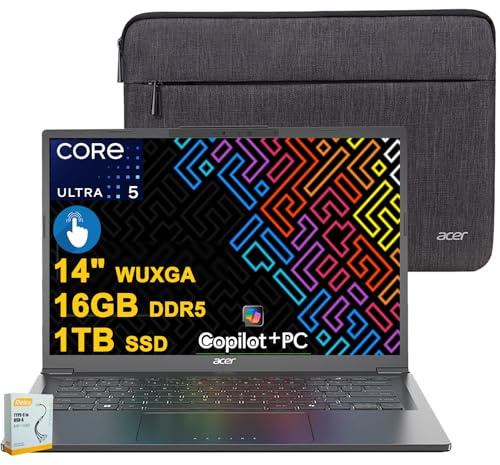 Acer Ordinateur portable Aspire 14 AI | WUXGA Matte Touch 14 po | Intel 8-core Ultra 5 226 V (jusqu'à 40 NPU – jusqu'à 53 GPU Tops) | 16 Go DDR5 1 To SSD | Wi-Fi 6E Win11 avec accessoire DLCA