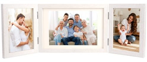 Bilderrahmen 3 Bilder Weiß, für Familie, Freund, Mutter (10x15cm/15x20cm) | Dreifach-Bilderrahmen Collage Klappbar Aus Holz Mit Glasfront, Geschenk für Hochzeit, Tischaufsteller, Schreibtisch