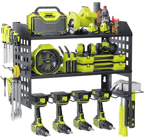 BILIONE Wall Mounted Power Tool Organizer Black,3-Tier Tool Storage Rack | Heavy Duty Garage Tool Organiser with 4 Drill Holders, Alloy Steel Garage Tool Shelving with Hooks for Workshop, Shed