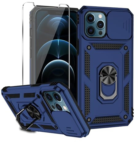 Damtong for iPhone 12 Pro Max Phone Case 6.7 Inch with Camera Cover Blue | Phone Case with Camera Cover and Screen Protector, Rotatable Kickstand Military Grade Dual Layer Shockproof Drop Protection