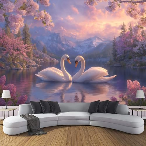 ZISTRCBAO Cygnes Du Lac Murales Panoramique 150x105cm, Paysages Naturels Nordiques Romantiques Mural Fond D'écran, Rose Mur De Fond TV Chambre Enfant Adulte Papier Peint Poster