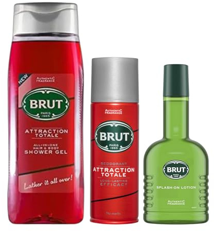 Brut Attraction Totale Men’s Grooming Set | Shower Gel, Deodorant Body Spray & Splash-On Lotion | Long-Lasting Masculine Fragrance | 3-Piece