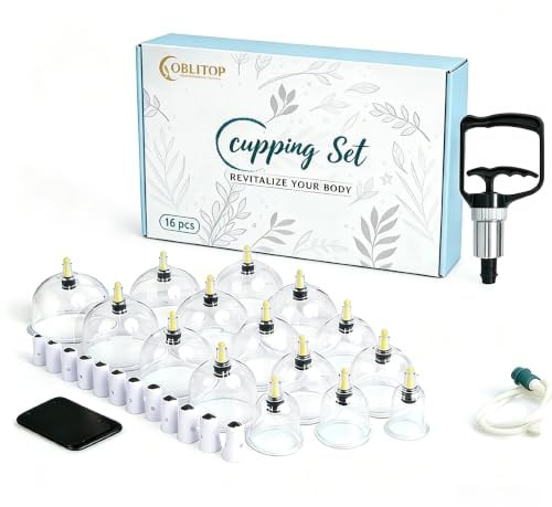 OBLITOP Coppette con pompa a vuoto, 16 pezzi, Cupping Set misura V2.0 per uomo e donna, tazze sottovuoto per muscoli del corpo, massaggio mal di schiena, cellulite, ventosa