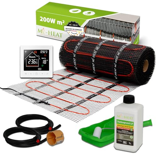 Mi-Heat Chauffage au sol électrique 200 W/m² 9,0 m² - Kit de chauffage au sol - Tapis de compensation - Pour carrelage, vinyle, parquet et stratifié - Avec thermostat M2 WiFi blanc