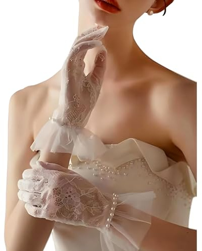 SSIMIDAPT Handschuhe Braut Kurz Spitzenhandschuhe Weiß Short Lace Gloves Damen Elegant Abendhandschuhe mit Perlen für Hochzeiten Opera Ball Party Kostüm Halloween Karneval