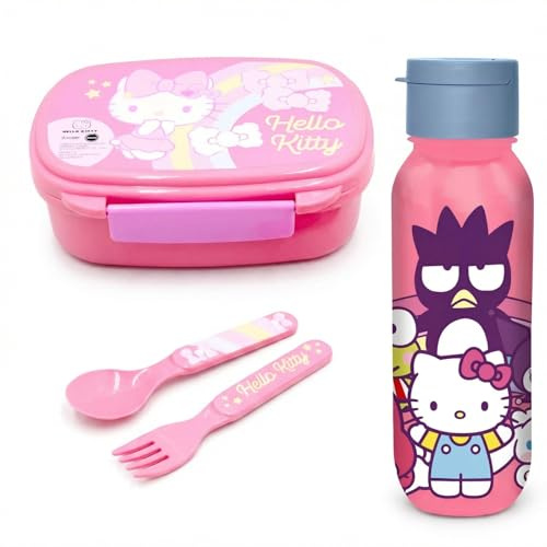 E plus M Hello Kitty 4-teiliges Lunch Set mit Brotdose, Alu Trinkflasche 500 ml, Löffel und Gabel, Frühstücksset, Brotdose 18 x 13 x 6,5 cm