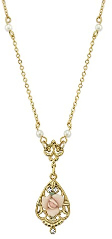 1928 Jewelry Pink Porcelain Rose Pendant Faux Pearl Accent Vintage Style Necklace For Women 17, Handmade Flowers, Timeless Floral Jewellery, Made In USA