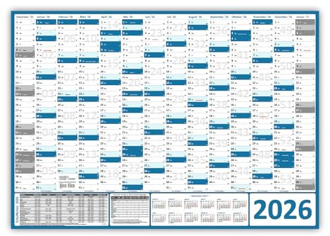 XXL Wandkalender Wandplaner 2026 blau (gerollt) DIN A0 Format (841 x 1189 mm) 14 Monate, komplette Jahresvorschau Folgejahr und Ferientermine Feiertage aller Bundesländer