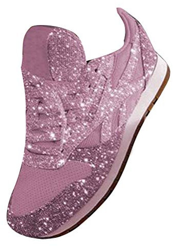 ORANDESIGNE Damen Pailletten Sneaker Flach Schuhe Freizeit Schnürer Sportschuhe Glänzende Schuhe Laufschuhe Sneaker Rosa 37 EU