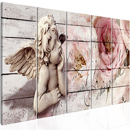 murando - Wandbilder XXL Engel 100x40cm 5 tlg - Wand Deko Leinwand Bilder Groß Wanddeko Wohnzimmer Schlafzimmer Kunstdrucke - Blumen Holz Optik h-C-0060-b-m
