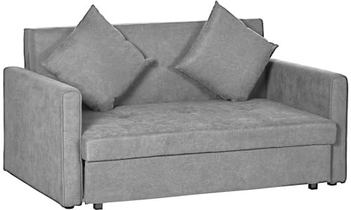 HOMCOM 2 Seater Sofa Bed, Convertible Bed Settee, Modern Cotton Loveseat Sofa Couch with 2 Cushions, Hidden Storage for Living Room, Guest Room, Light Grey