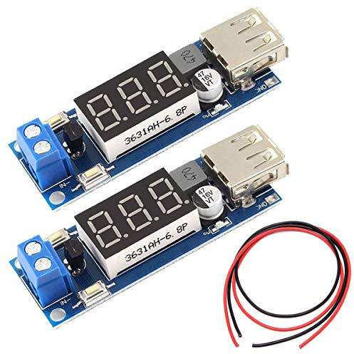 Youmile 2 Stück DC-DC Buck Spannungswandler 6,5-40V zu 5V 2A Abwärts USB Ausgangs Voltmeter Modul Low Power Transformator mit LED Anzeige, 24AWG Kabel