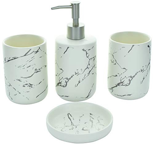 G Decor Designer 4-Piece Matt Cream White and Silver Marble Effect Ceramic Bathroom Accessory, Includes Liquid Soap or Lotion Dispenser, Toothbrush Holder, Tumbler, Soap Dish
