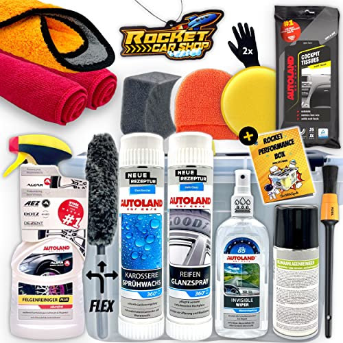 Autopflege Set 17-teilig – Rocket Performance Bag – Detailing-Tasche schwarz matt – Auto Reinigungsset für innen & außen – Geschenkset mit Autoduft Bubble Gum
