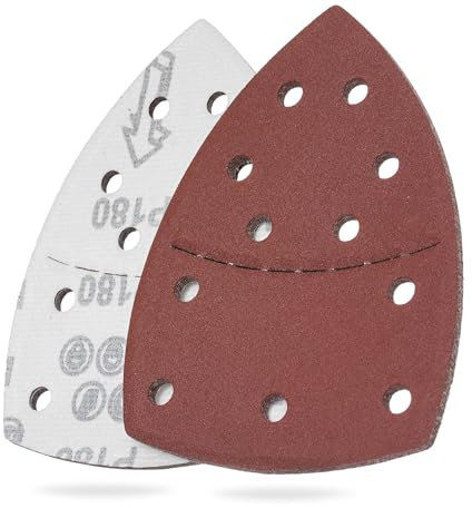 YoiYee Lot de 12 feuilles abrasives triangulaires Delta - 11 trous - Accessoires pour ponceuse multifonction - Grain 180 - Rouge