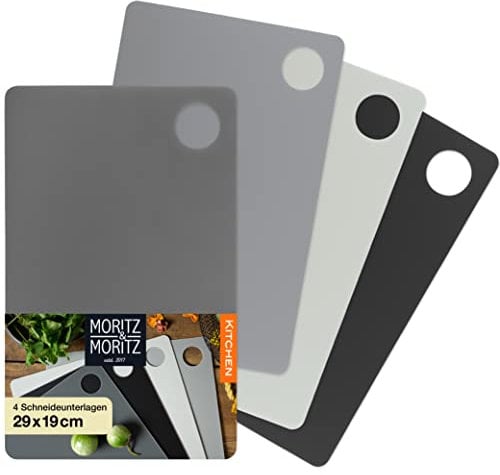 Moritz & Moritz 4x Flexibles Schneidebrett Kunststoff Dünn - Schneidebretter je 29 x 19 cm - Frühstücksbrettchen - Schneidebrett Flexibel - Für sicheres Schneiden mit Grifföffnung