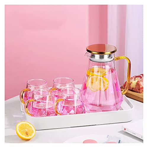 Iced Tea Pitchers Creative Glass Water Kettle Set Brings Mug Tray 1500ml Pink Clear Pitcher Flower Fruit Tea Set Afternoon Teatime Drinkware Water Pitcher Water Carafe (Color : C)