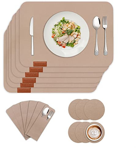 BESTORI Filz Tischset 6er Set, Waschbare Platzdeckchen Hitzebeständig Abwischbar Platzset mit Untersetzer und Bestecktaschen Aprikose 30x40cm