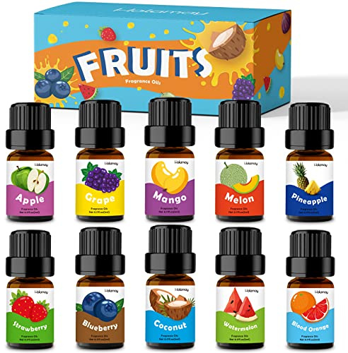 Fruity Fragrance Oil, Holamay Premium Fruit Essential Oils for Diffuser, Candle Soap Making Scents, 10x5ml, Coconut, Strawberry, Mango, Pineapple, More Home Diffusers Oil Scents, Summer Oils Gift Set