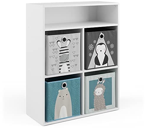Vicco Kinderregal Weiß mit 4 Faltboxen - 72x90x31 cm aus Spanplatte - Bücherregal für Familien mit Kids, Platzsparende Lösung für tägliche Nutzung