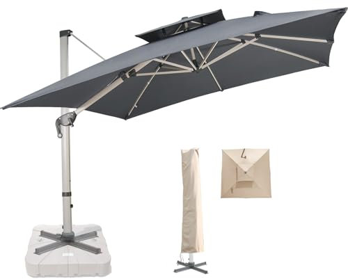 MOJIA Cantilever Garden Parasol 300 x 300 cm with Cross Base, Double Roof Design Cantilever Umbrella UV Protection Square Patio Umbrella with Crank Handle and Tilt for Outdoor, Grey
