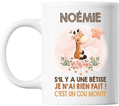 Planetee Mug Noémie Cou Monté Girafe | Tasse prénom idée cadeau Humour Mignon pour enfant fille | Imprimé en France