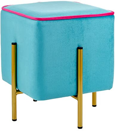 Baroni Home Quadratischer Samt Pouf Fußhocker, gepolsterter Wohnzimmer Pouf, Ottomane für Schlafzimmer, Türkis mit Fuchsia Rand, 33x33x38 cm