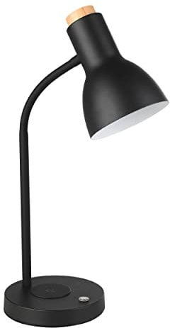 EGLO LED bedside lamp Veradal-QI, side table light with wireless QI charger, touch dimmable living room and bedroom lighting made of natural wood, black and cream coloured metal, warm white