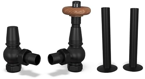 UK Radiators Black Thermostatic Radiator Valves and Angled Lockshield Valve - Matt Black Finish - Traditional Design 1/2 x 15mm Angled Radiator Valves with 130mm Pipe Sleeves