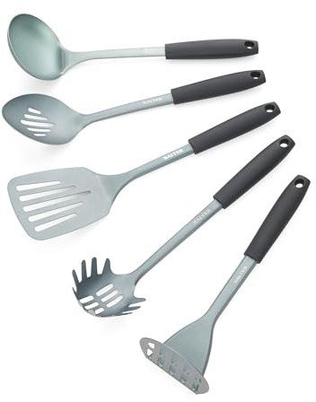 Salter Excellence Utensil Set, 5 Piece Stainless Steel Cookware Tools | Non-Stick Coating, Skimmer Slotted Spoon Spaghetti Spoon Slotted Spatula Ladle, Easy Grip Handles, Pan Safe
