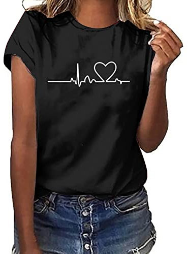 Tshirt Damen Lässige Elektrokardiogramm Druck Oberteile Herzschlagkurve Pullover T-shirt Einfarbiges Basic Shirt Rundhals Kurzarm Sommer Tops Lockere All-Match Tunika Bluse Laufshirt Sportshirt