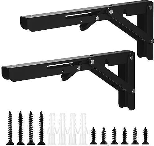 Qeapug Folding Shelf Brackets, 2pcs Heavy Duty Collapsible Shelf Brackets, Folding Brackets Wall Mounted Triangle Shelves Bracket Supports for Bench Table Shelf, Black, Max Load 80kg (25cm/10 Inch)