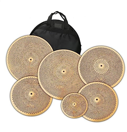 6 Pezzi Gold Set di Piatti A Basso Volume 10 Splash+14 Hi-Hat+16 Crash+18 Crash+20 Ride+Borsa per Batteria Accessori per Strumenti a percussione