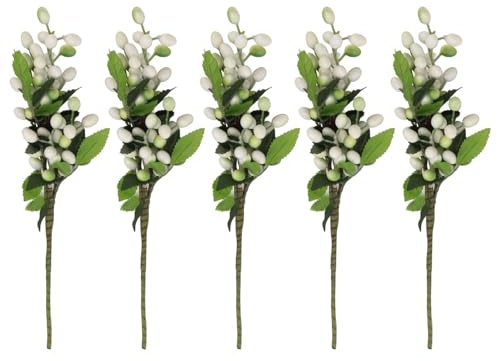 HERCHR 5 Tallos De Bayas Artificiales, Ramas Secas De Plantas De Bayas Artificiales Largas para Decoración del Hogar, Selecciones De Bayas Falsas, Bayas De Acebo para Decoraciones De árboles(Blanco)