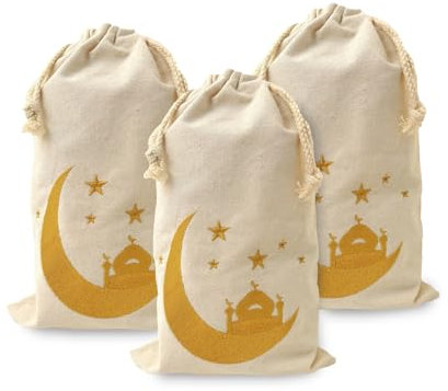 3 Stück DIY Ramadan Kalender zum Befüllen Eid Mubarak Tüten Stoff Geschenktüten für Ramadan mit Zugband für Ramadan Party 20x30 cm