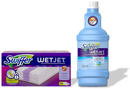 Pack Economique Swiffer Wetjet Balai Spray, 1 Recharge de 1,25L WetJet et 10 Lingettes, Retient la Poussière et la saleté, Conçu pour Tous les Types de Sols (1)