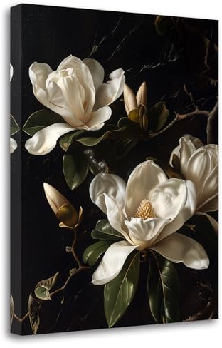 LZIMU Magnolien Leinwandbilder weiße Blumenmalerei elegante Blüten Bilddrucke Vintage Pflanzenkunstwerk Heimdekoration(Bild-5, (30.00 x 45.00 cms))