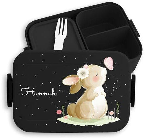 Kinder Bento Box Midi Lunchbox für Mepal Bentobox - Hasen - Brotdose Süßer Hase personalisiert I Langohr I Kaninchen I Rabbit I Süße Tiere - 900 ml - Schwarz - butterbrotdose mädchen