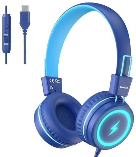 KONNAO Kinder Kopfhörer für Schule, USB Typ C Kinder Kopfhörer mit LED-Leuchten, verdrahtete Jungen Mädchen Kopfhörer mit Safe Limiter 85dB/94dB, Faltbare On Ear Kopfhörer mit Mikrofonen für Schule