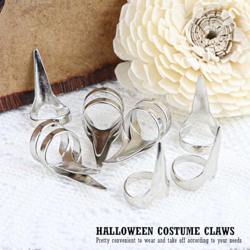 ZJIVQO 10 PCS Halloween Costume Claws Fake Nails Rings Set Alloy Retro Punk Rock Gothic Creative Fingertips Nail Decoration for Women Men Party Bar Holiday Cosplay, Silver